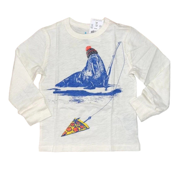 **NWT J. Crew Boys' Ivory W/Fishing Pizza Walrus Graphic Long Sleeve Tee -2 - Picture 1 of 8